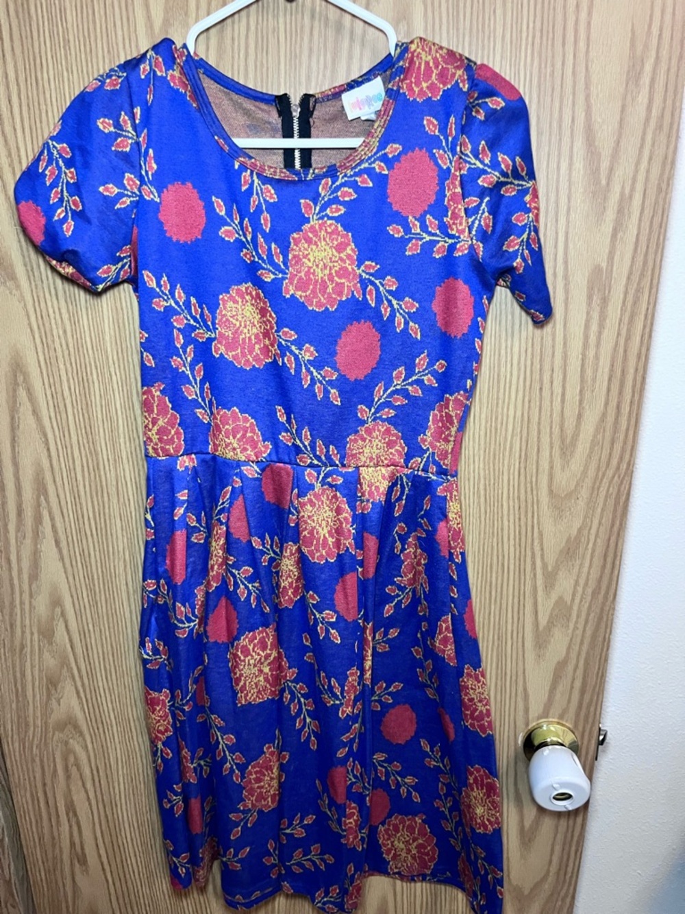 LuLaRoe Royal Blue Dress with Red and Gold Floral Print